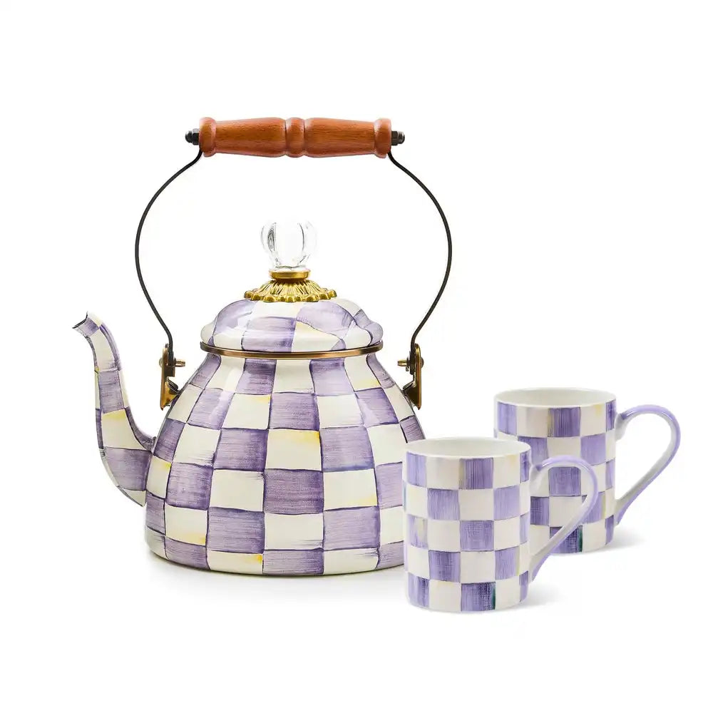 Violet Check 2 Quart Kettle & Porcelain Mug Set