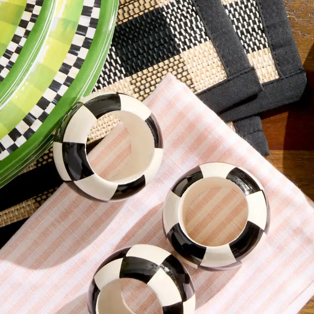 Black and White Check Wood Napkin Rings, Set of 4