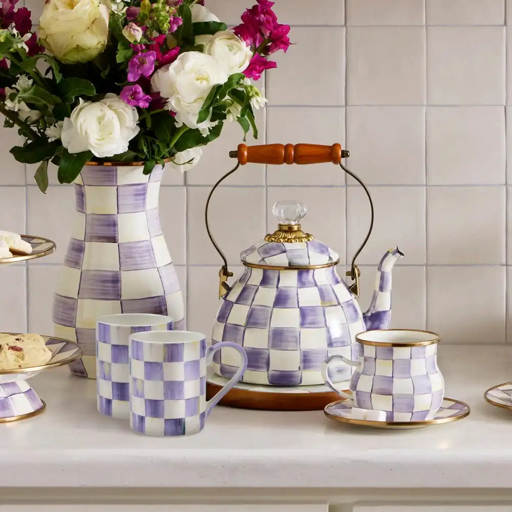 Violet Check 2 Quart Kettle & Porcelain Mug Set