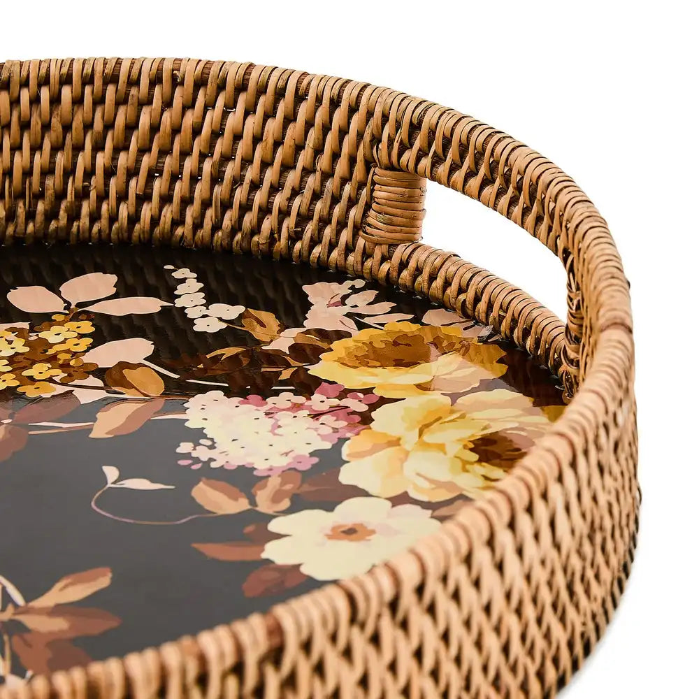 Wild Rose Brown Enamel & Rattan Round Serving Tray